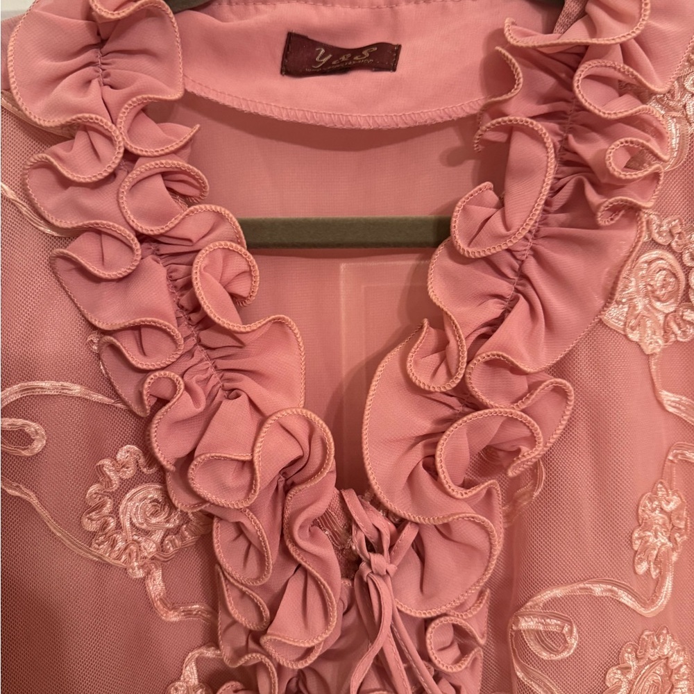 Vintage Pink Embroidered Ruffle Blouse Sheer Floral Tunic Top Boho Romantic - Picture 3 of 9